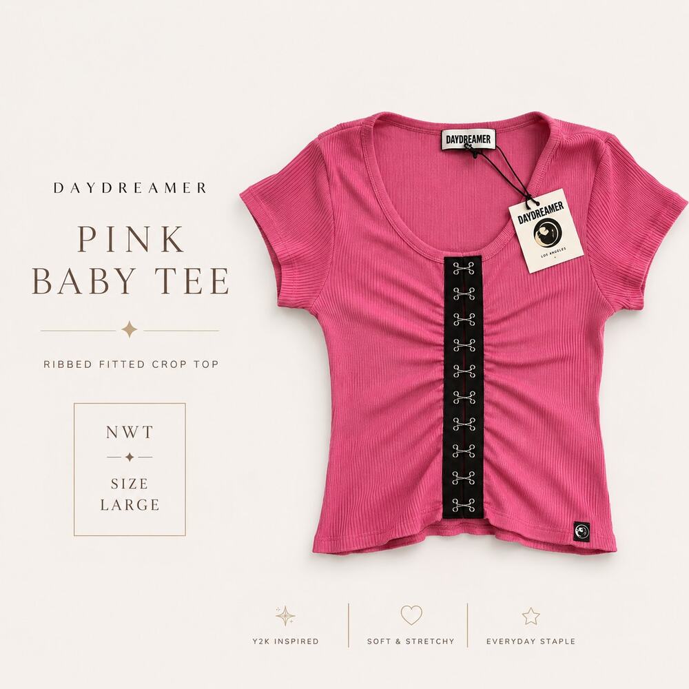 Daydreamer Pink Ribbed Baby Tee Cropped Y2K Fitted Graphic Top Large